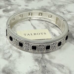 Talbots Silver Tone Black Squares Hinged Bangle Clamper Bracelet